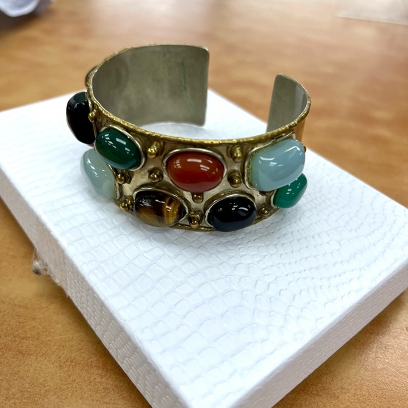 Unique Artisan Semi Precious Gemstone Detailed Boho Cuff Bracelet - Picture 2 of 3